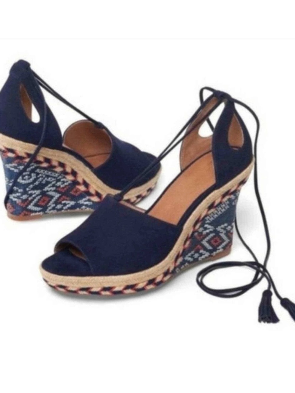 Cabi Isla Navy Suede Espadrille Wedge Sandals - Geometric Boho Ankle Tie Size 7 - Picture 10 of 14